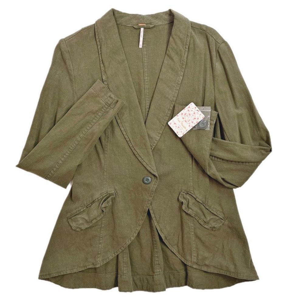 Free People Linen Blazer Shawl Collar Button Front Moss Khaki Green S NWT